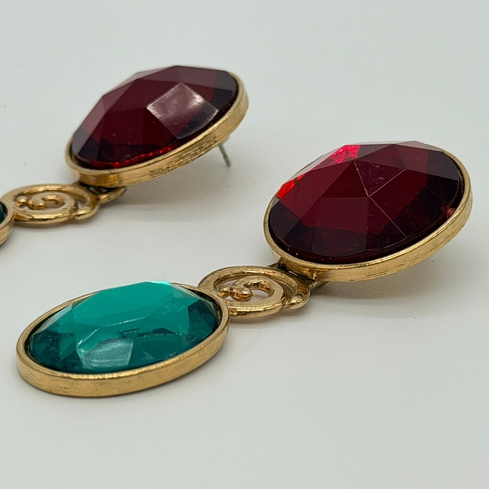 Vintage‎ Gold Tone Red Teal Green Faceted Stone Drop Dangle Earrings Jewel Tone